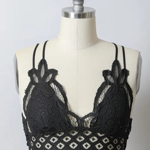 Padded Crochet Lace Longline Bralette (Black)