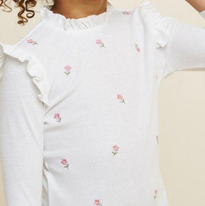 Ribbed Floral Embroidered Ruffle Neck Top